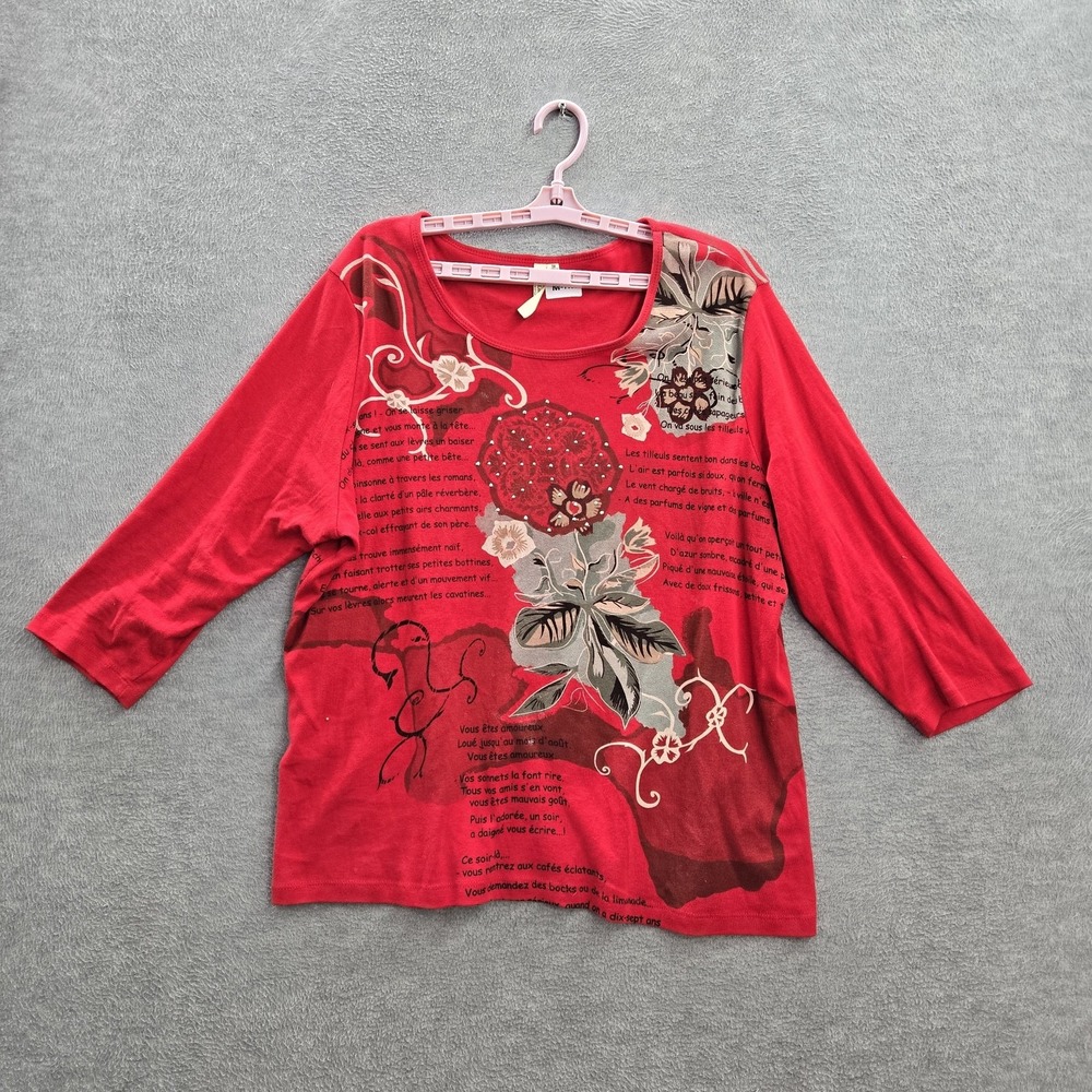 Susan Lawrence Women Blouse 3X Red‎ Floral Rhinestone Round Neck Pullover